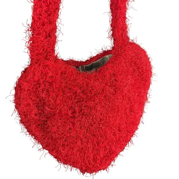 Red Heart-Shaped Fuzzy Shoulder Bag With Magnetic Snap Closure - Picture 3 of 6